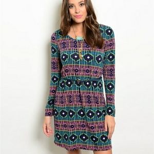 Navy, Teal, Pink Aztec 1/2 Sleeve Scoop Dress Med